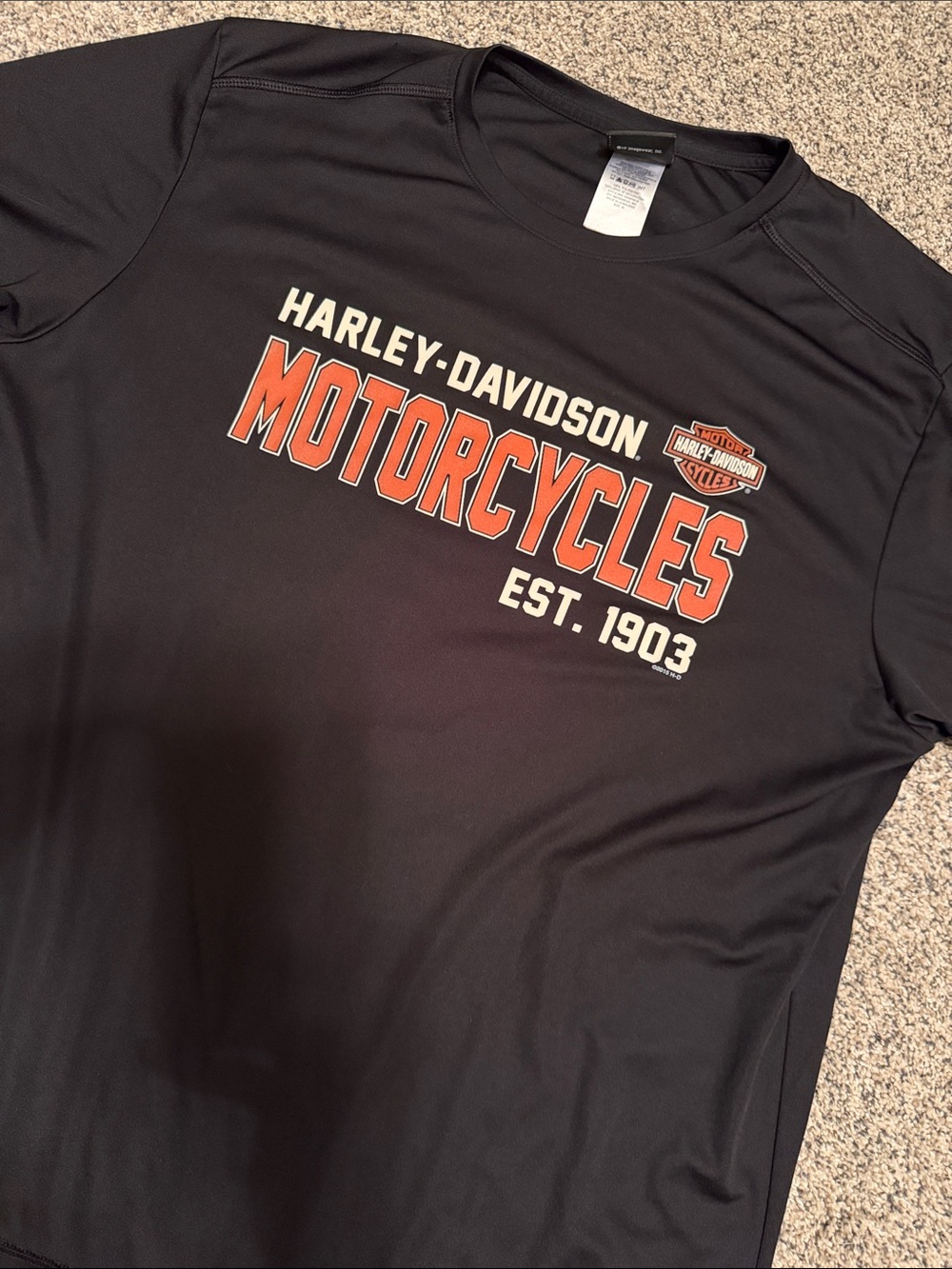 Harley-Davidson Black Tee with Orange and White Motorcycles Graphic